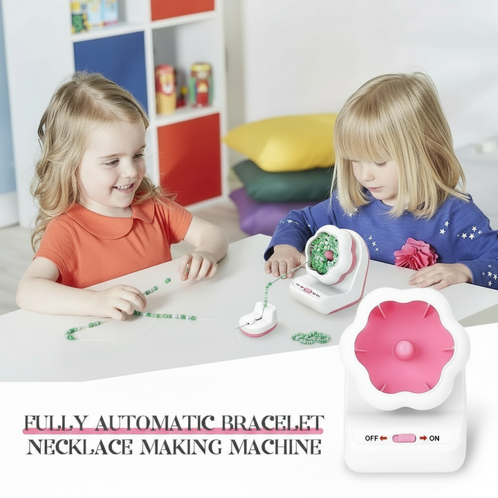 Two children making beaded jewelry beside a pink-and-white electric beading machine.
