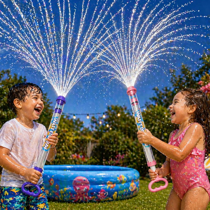Two children using pink and purple pump water guns beside a backyard pool.