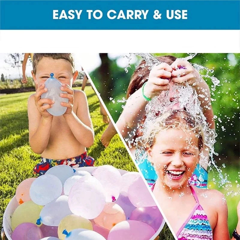 Collage of children splashing outdoors and a bowl of pastel water balloons