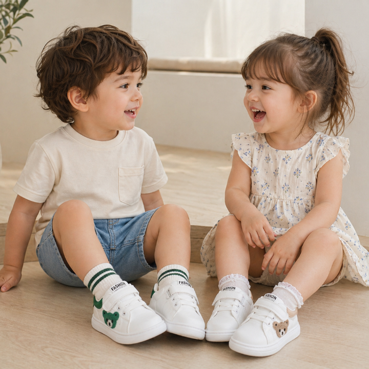 Two children sitting together wearing white bear sneakers with green and beige accents.