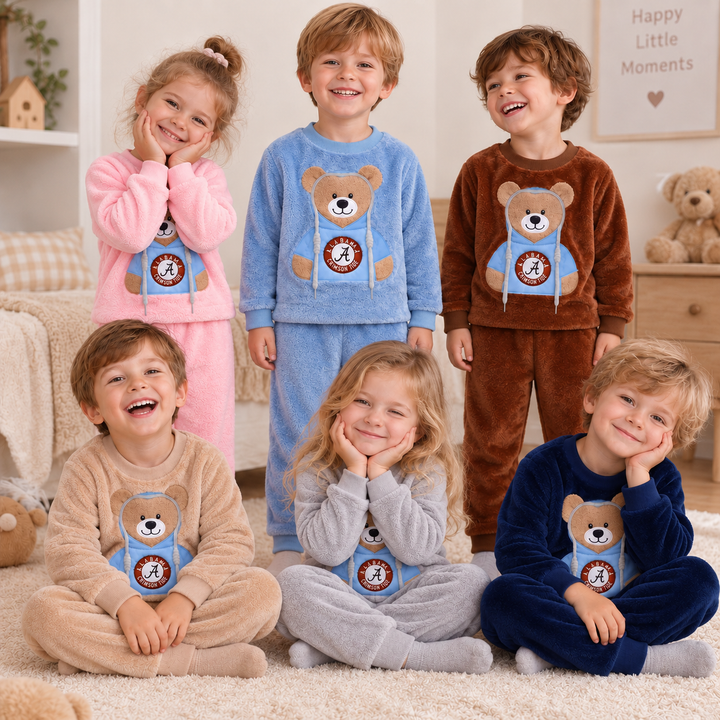 Children wearing bear tracksuits in pink, blue, brown, khaki, gray and dark blue