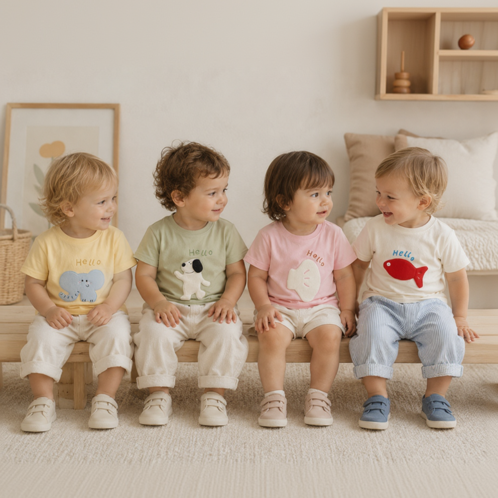 Four children wearing yellow, green, pink, and beige cartoon patch T-shirts
