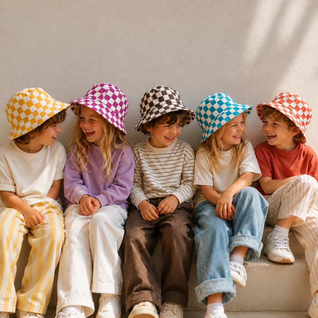 Five children wearing checkered bucket hats in different colors