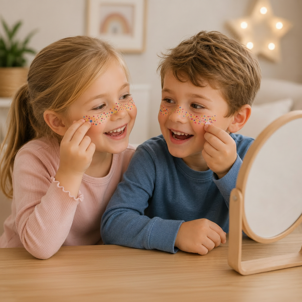 Two children wearing colorful face stickers across their cheeks and noses beside a tabletop mirror