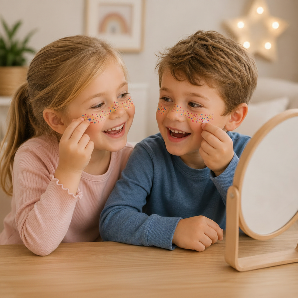 Two children wearing colorful face stickers across their cheeks and noses beside a tabletop mirror