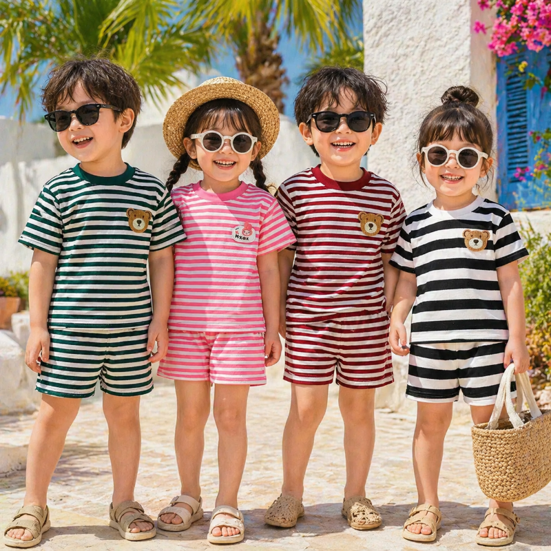 Four children wearing green, pink, red, and black-and-white striped T-shirt and shorts sets outdoors.