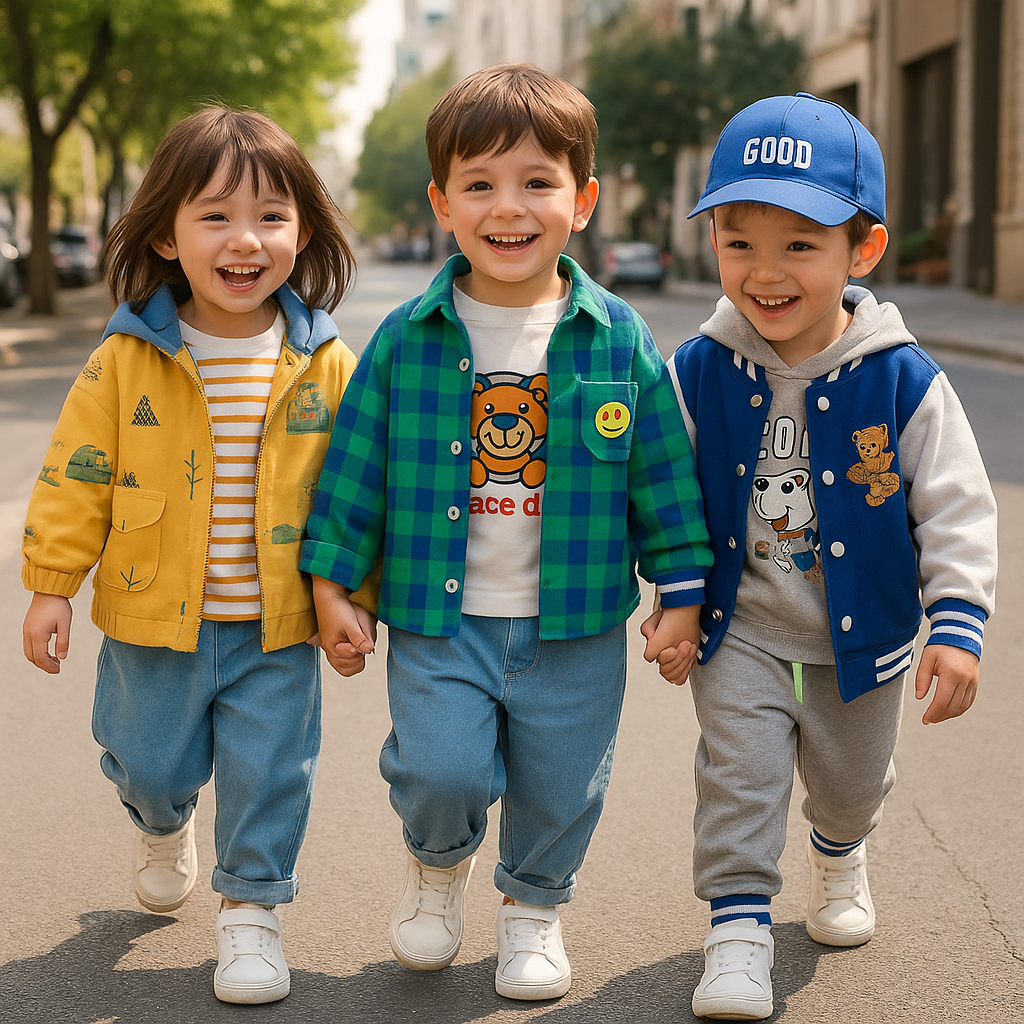 Three children wearing yellow, green-checkered, and blue varsity outfits on a tree-lined sidewalk