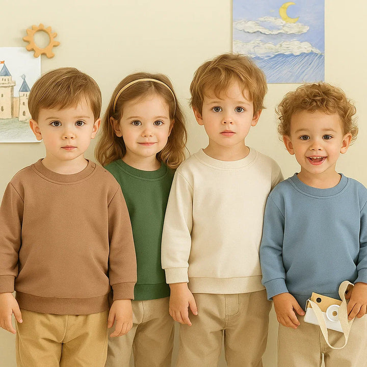 Four children wearing brown, green, cream, and blue crewneck sweatshirts