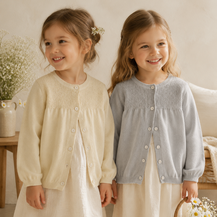 Two children wearing cream and gray button-front knit cardigans over light dresses