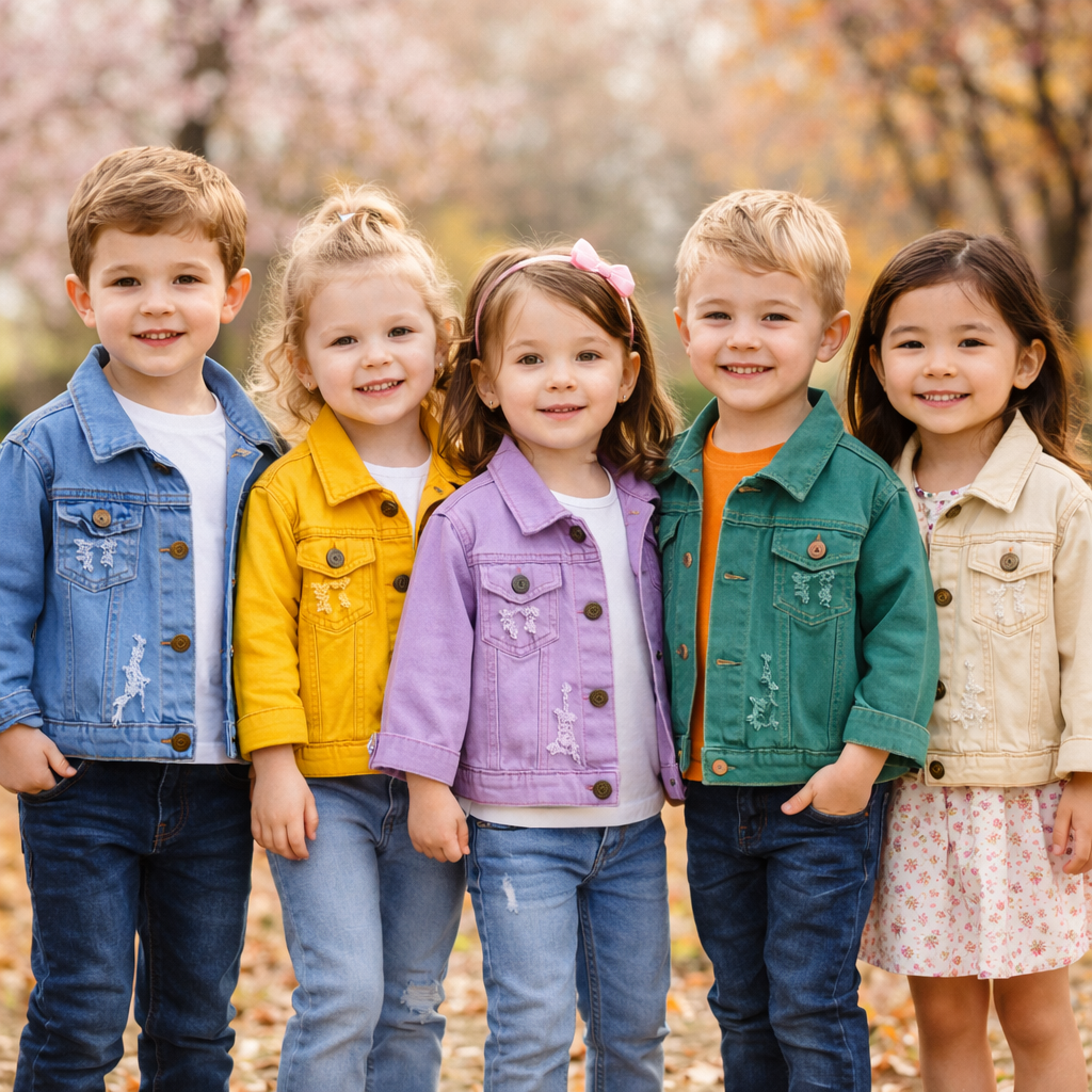 Five children wearing blue, yellow, purple, green, and beige denim jackets outdoors