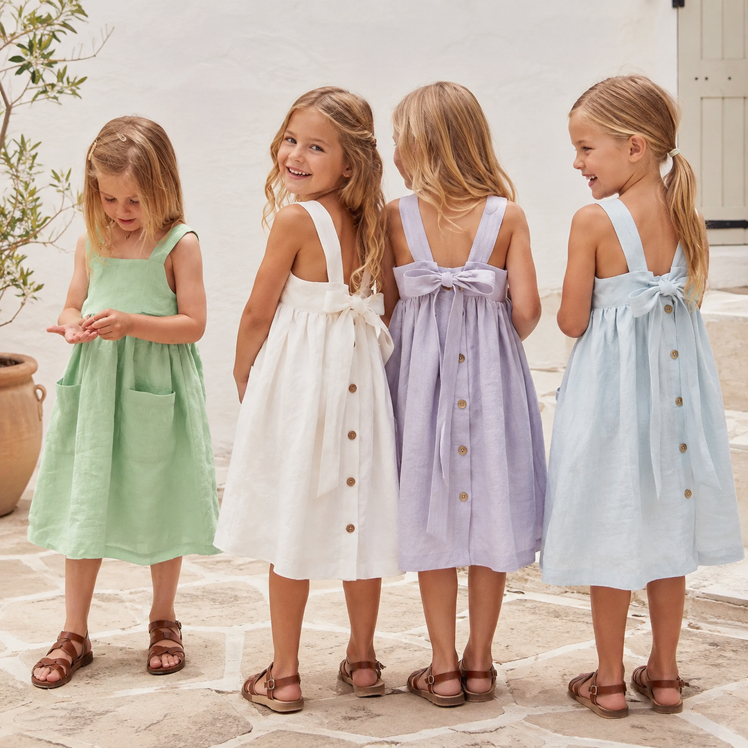 Children wearing four dress colors, showing front pockets, back bows, and decorative buttons