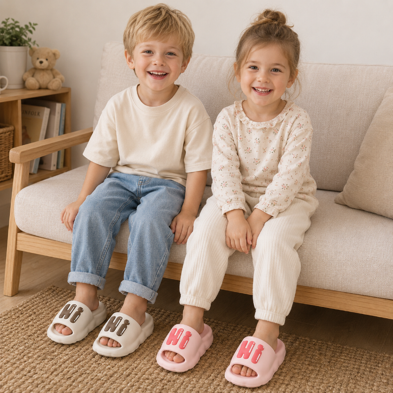 Two children seated on a sofa wearing Hi slide slippers.