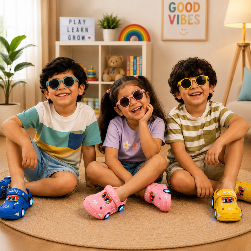 Three children seated on a rug wearing blue, pink, and yellow car slippers.