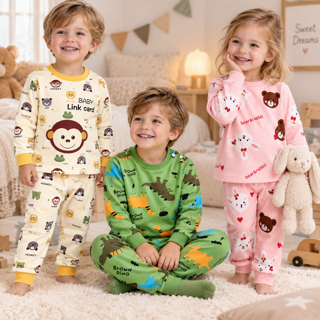 Three children wearing monkey, green dinosaur and pink bear pajama sets in a bedroom