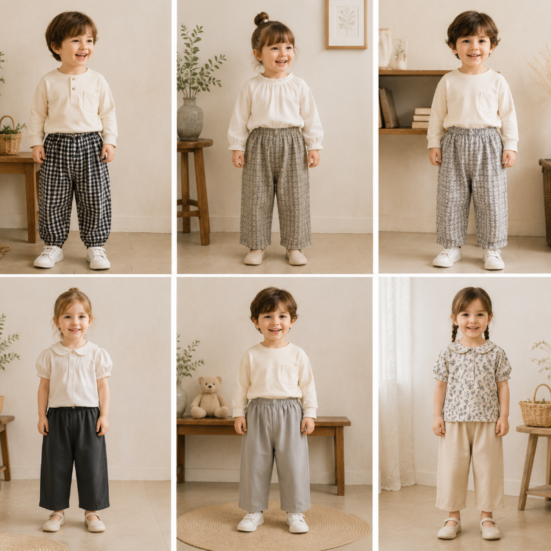 Children modeling six patterned and solid kids&