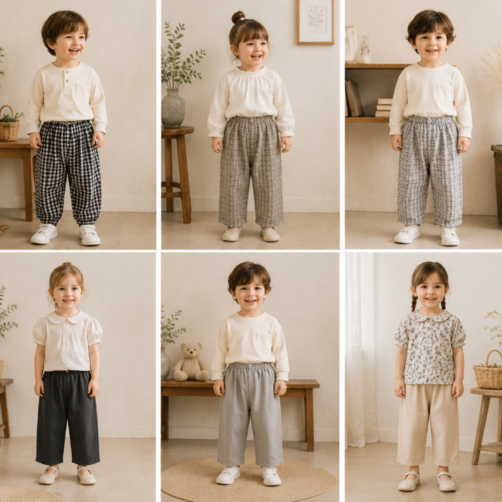 Children modeling six patterned and solid kids&