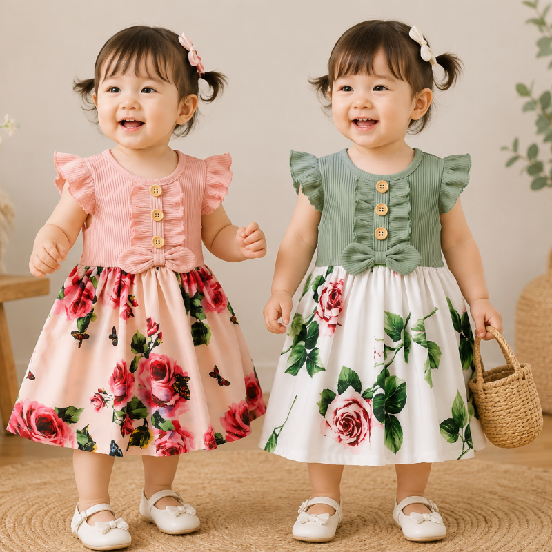 Two children wearing pink and green floral dresses with flutter sleeves