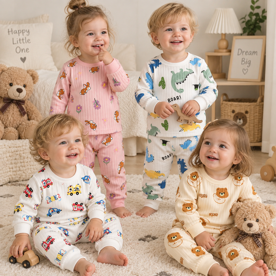 Four children wearing long-sleeve pajama tops and matching pants in different prints