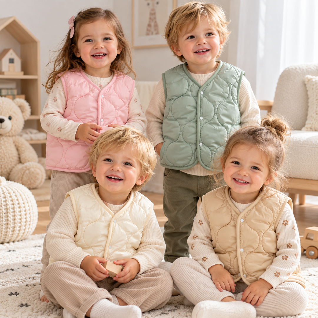 Four children wearing pink, sage green, cream, and tan quilted vests over long-sleeve tops.