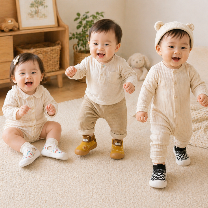 Three young children wearing patterned sock shoes in a home setting.