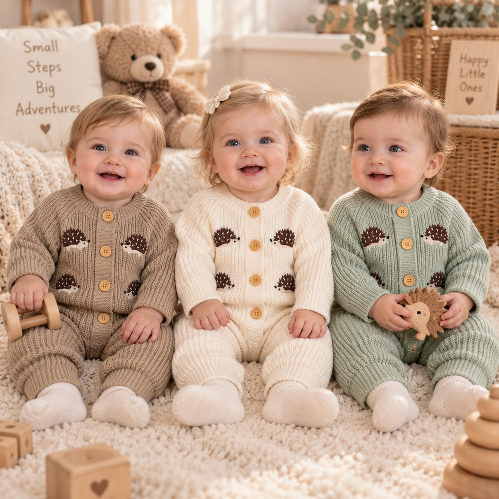Three children wearing brown, white and green hedgehog knit jumpsuits while seated together.