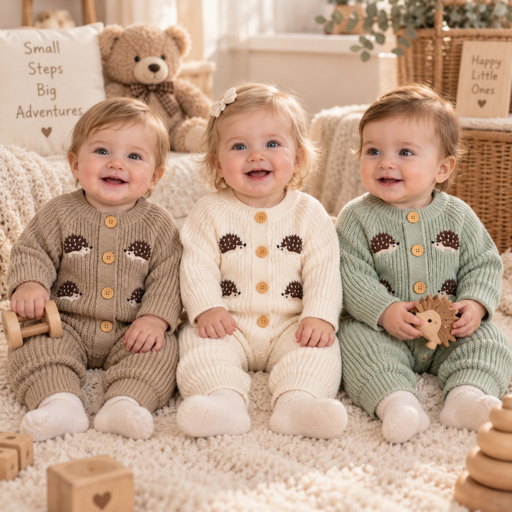 Three children wearing brown, white and green hedgehog knit jumpsuits while seated together.
