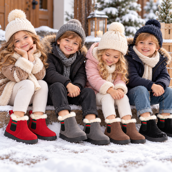 Four children wearing red, gray, brown, and black winter boots while seated outside in snow.