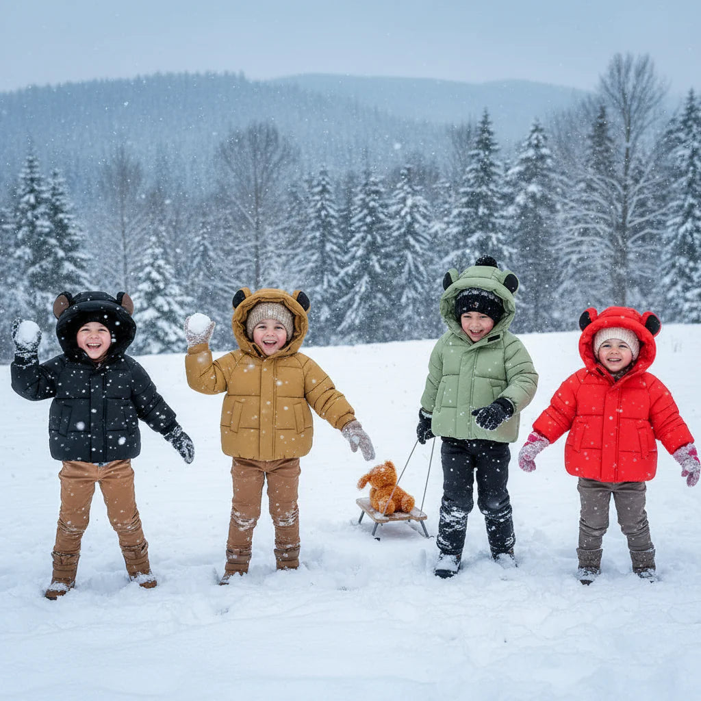 Four children wearing black, brown, green, and red hooded winter coats in a snowy landscape