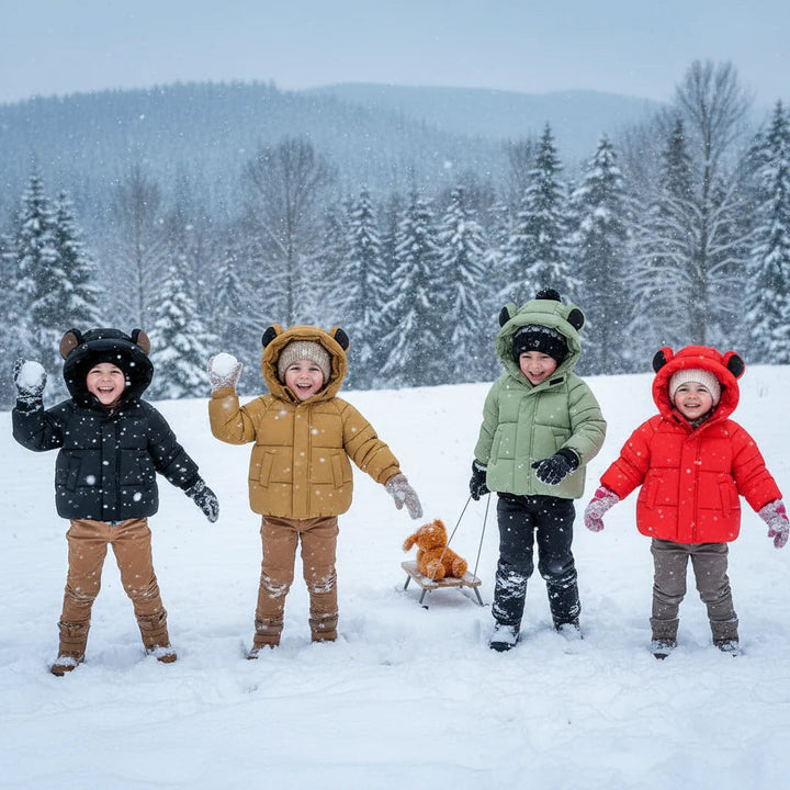 Four children wearing black, brown, green, and red hooded winter coats in a snowy landscape