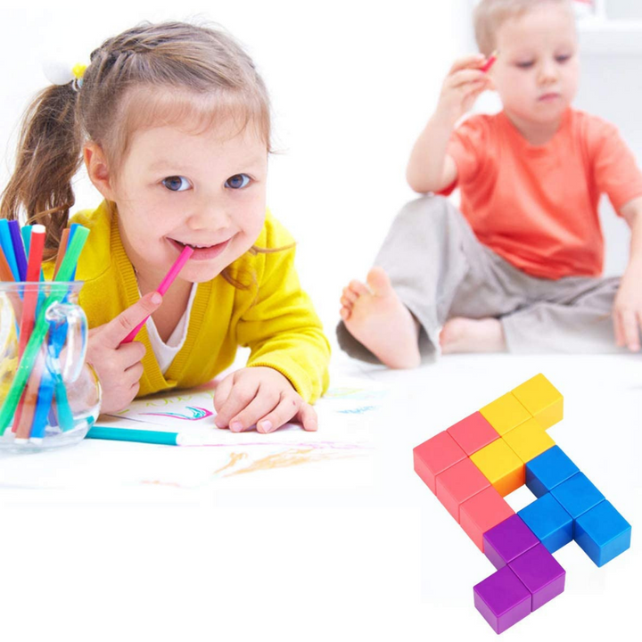 Two children with an inset showing a colorful magnetic block structure