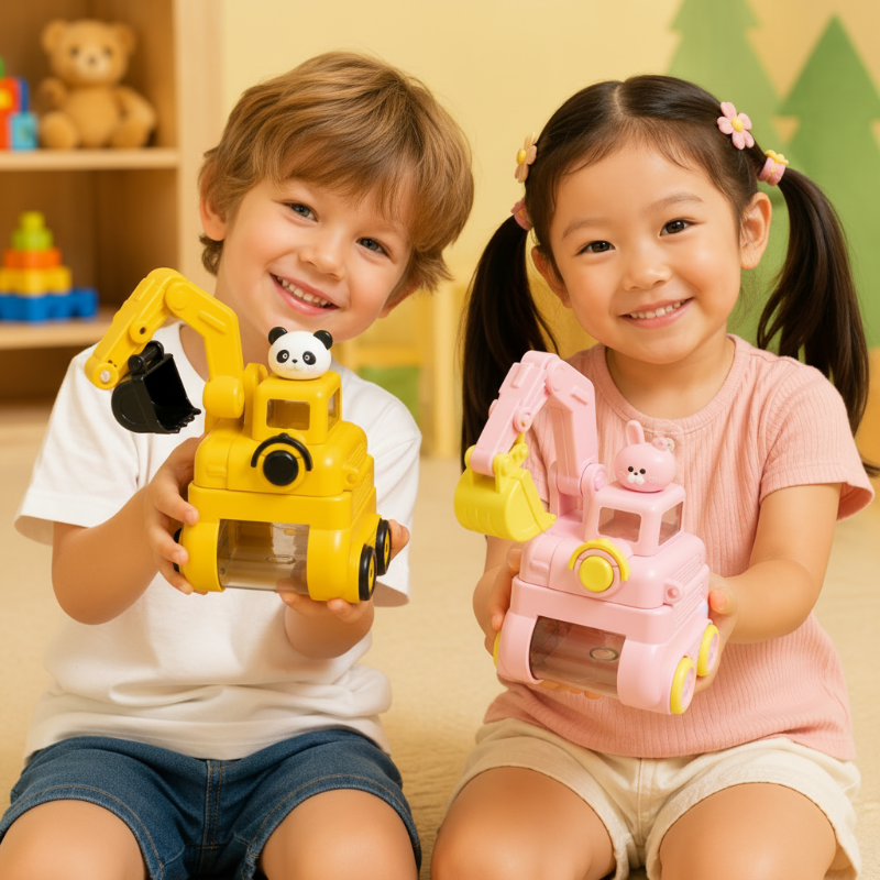 Two children holding yellow and pink excavator water bottles with animal toppers