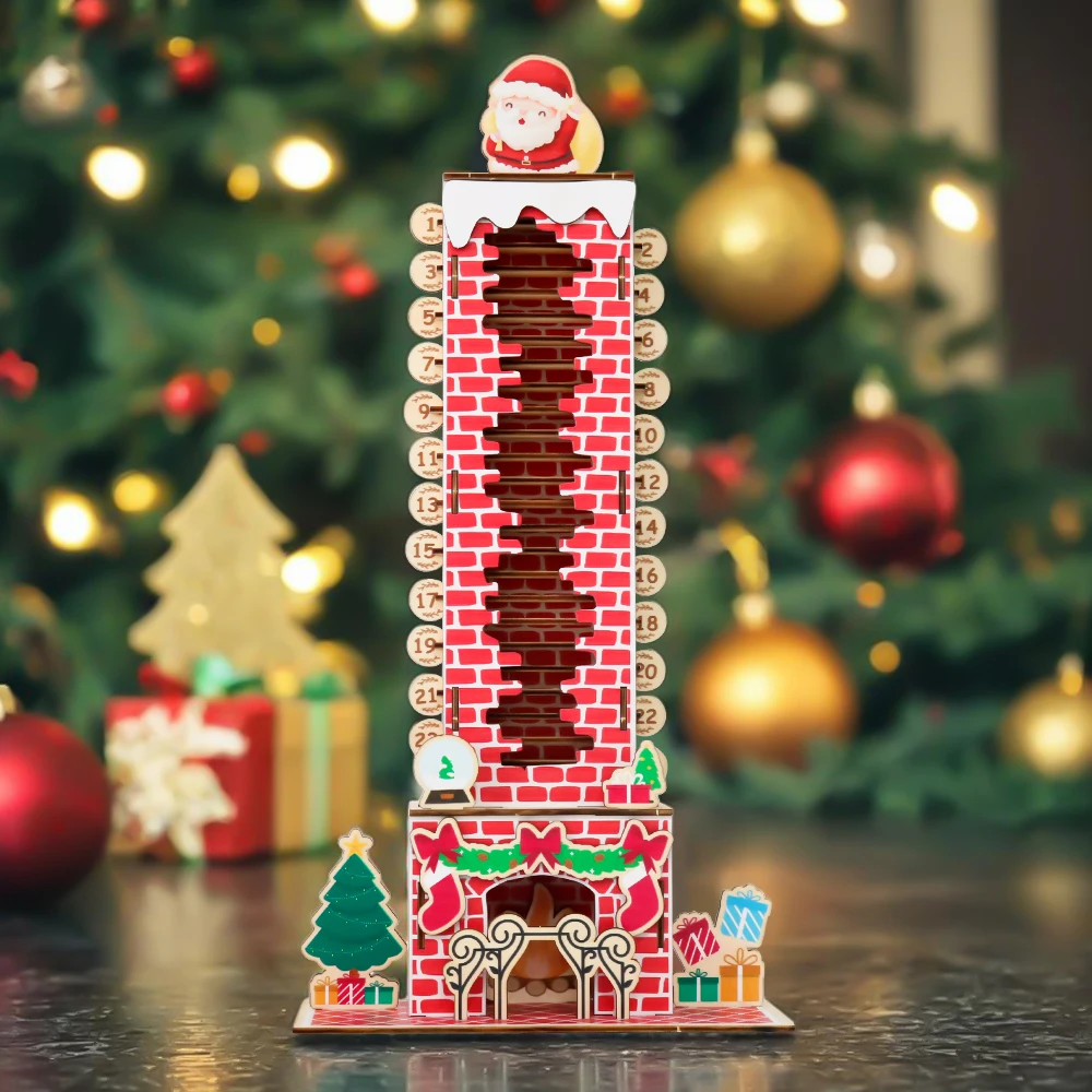 Santa chimney countdown calendar standing beside Christmas tree ornaments and presents