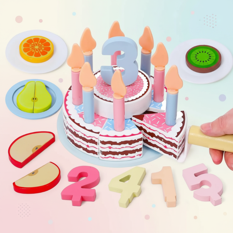 Chocolate-strawberry style wooden cake with candles, number pieces, and pretend fruit