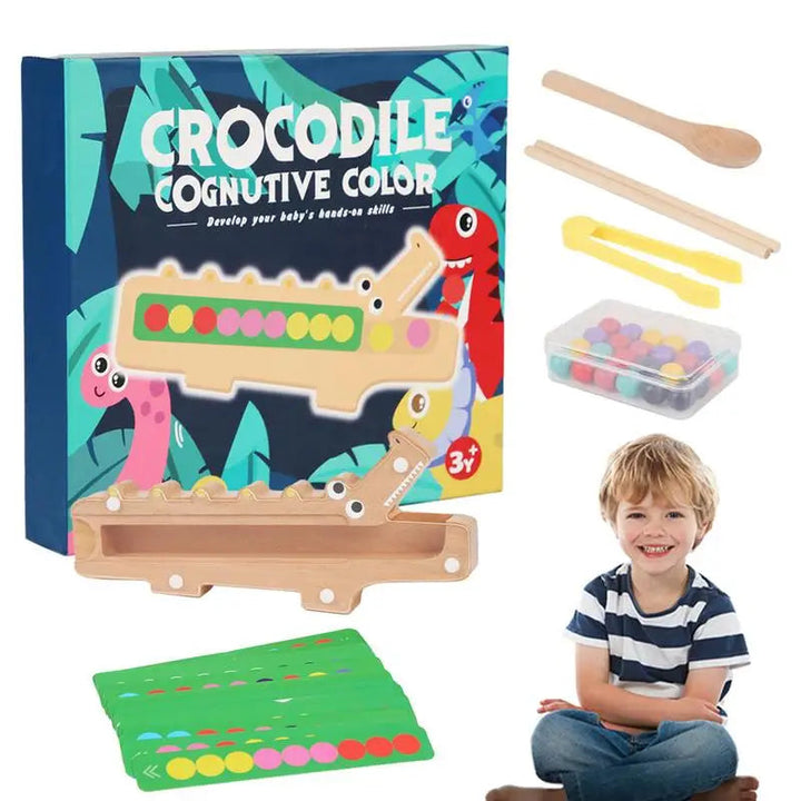 Crocodile bead sorting game with wooden board, colorful beads, pattern cards, spoon, clip, and chopsticks