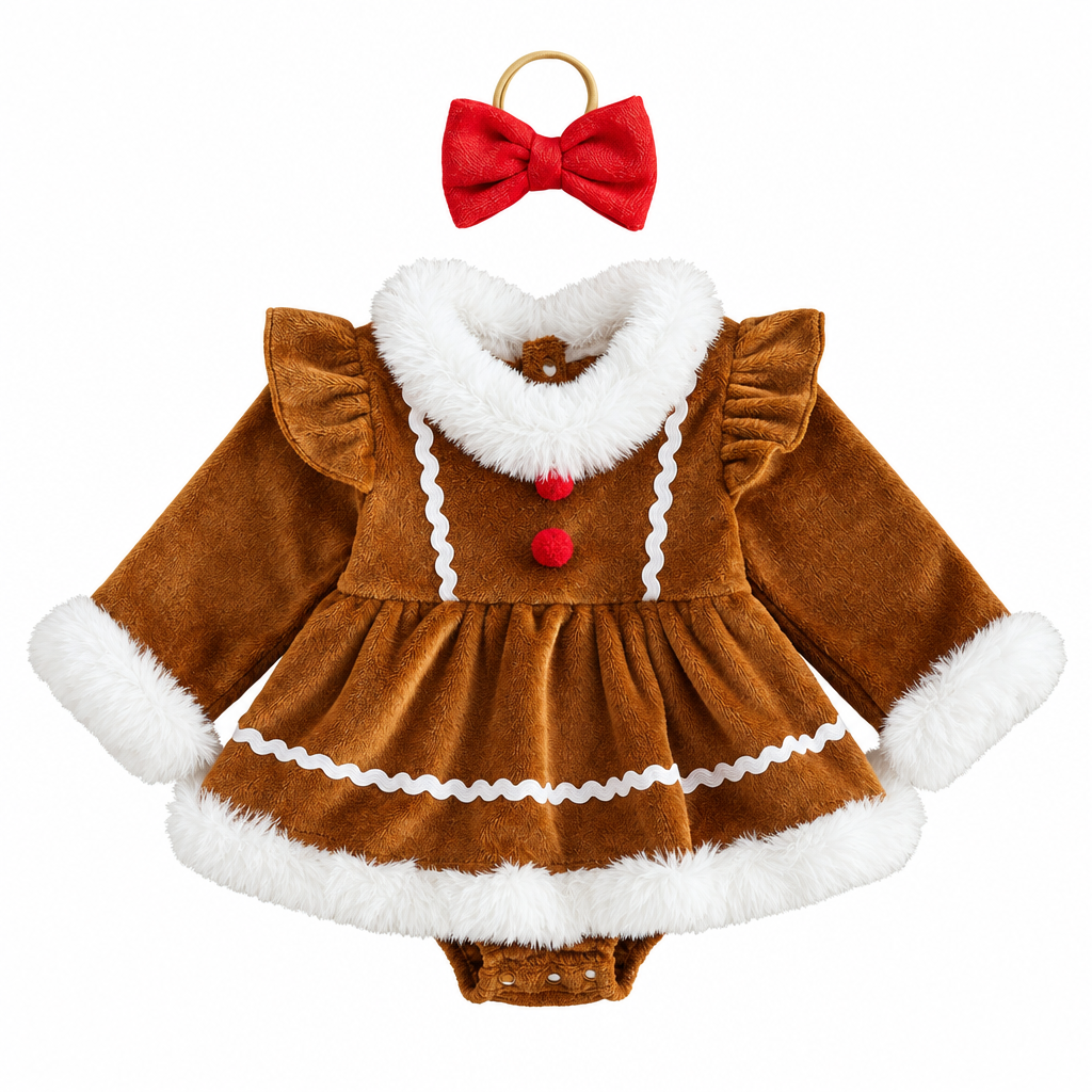 Front view of the brown Christmas baby romper and coordinating red bow headband.