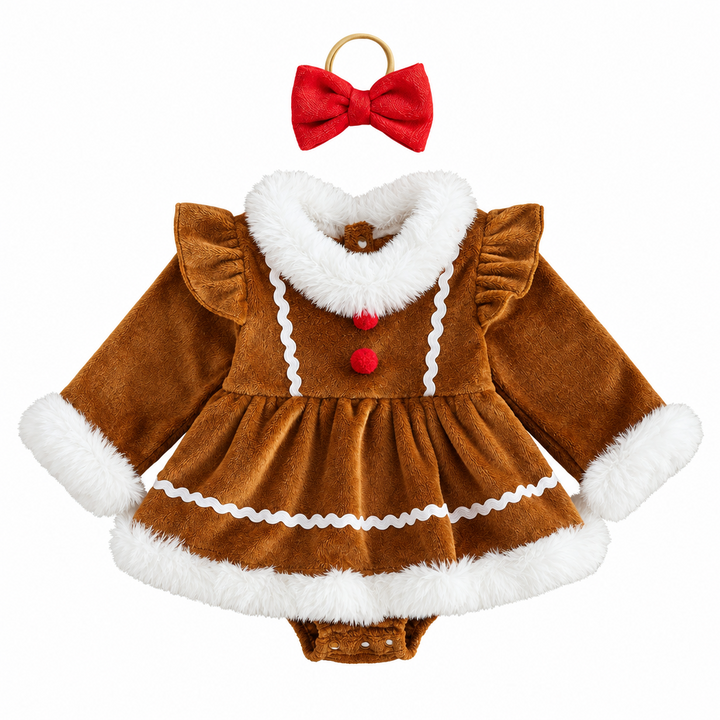 Front view of the brown Christmas baby romper and coordinating red bow headband.