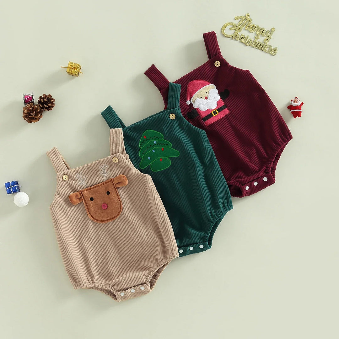 Christmas baby rompers in beige, green, and red with reindeer, tree, and Santa designs
