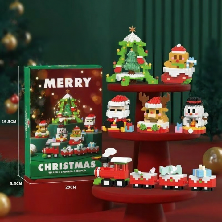 Christmas mini block collection with a tree, festive characters and a train beside its box