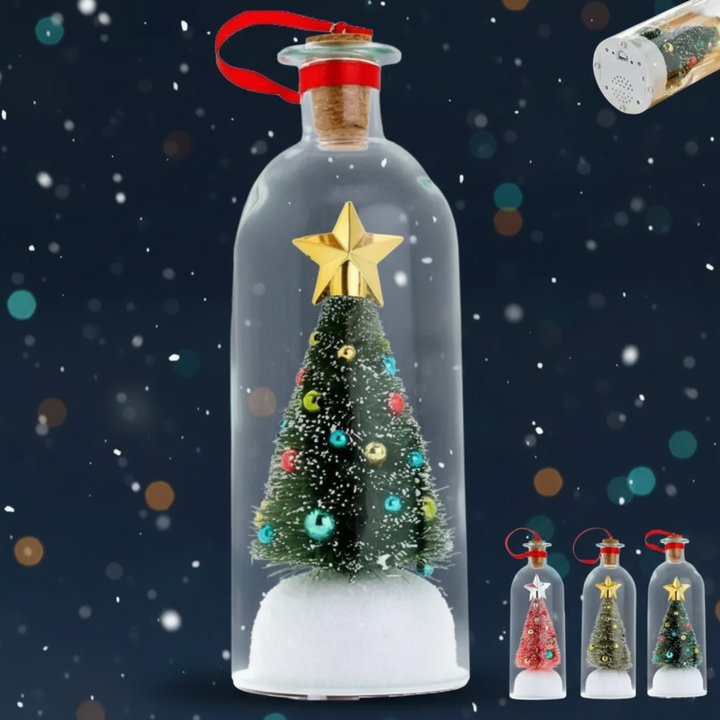 Christmas message bottle with a star-topped tree and inset views of its base and tree colors