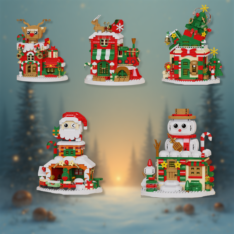 Santa, snowman, reindeer, house, and Christmas tree brick models against a wintry background