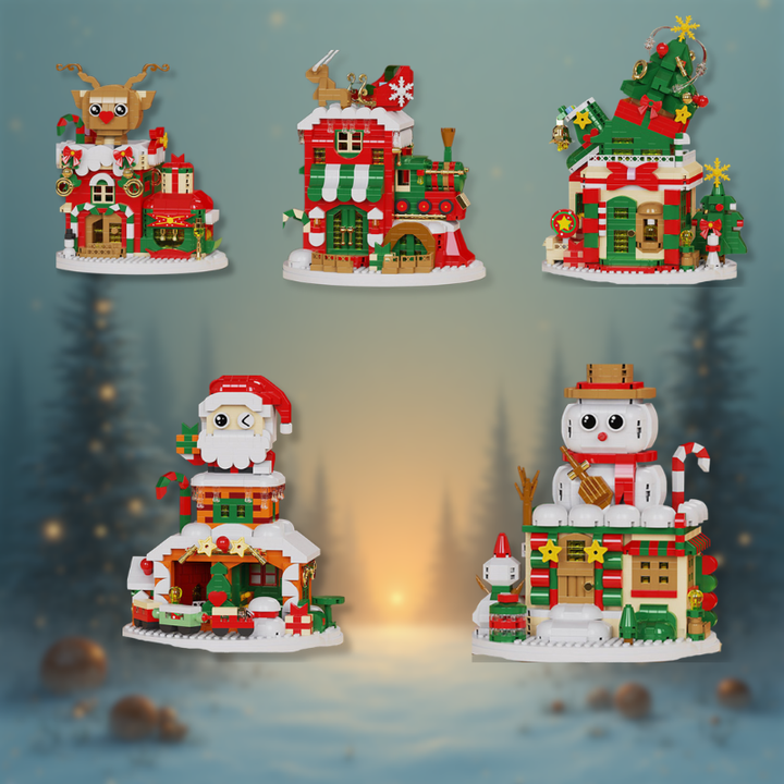 Santa, snowman, reindeer, house, and Christmas tree brick models against a wintry background