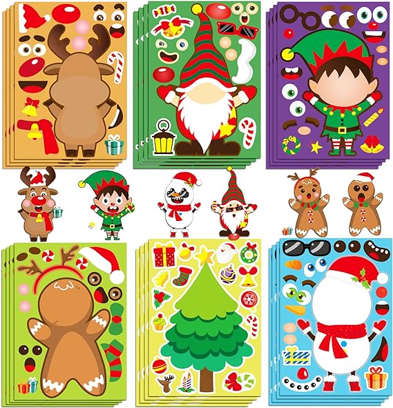 Christmas sticker sheets with reindeer, gnome, elf, gingerbread, tree, and snowman designs