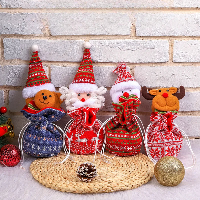 Bear, Santa, snowman, and reindeer Christmas gift bags with colorful knit-pattern fabric.