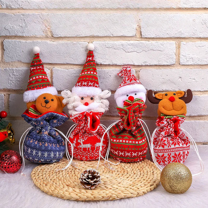 Bear, Santa, snowman, and reindeer Christmas gift bags with colorful knit-pattern fabric.