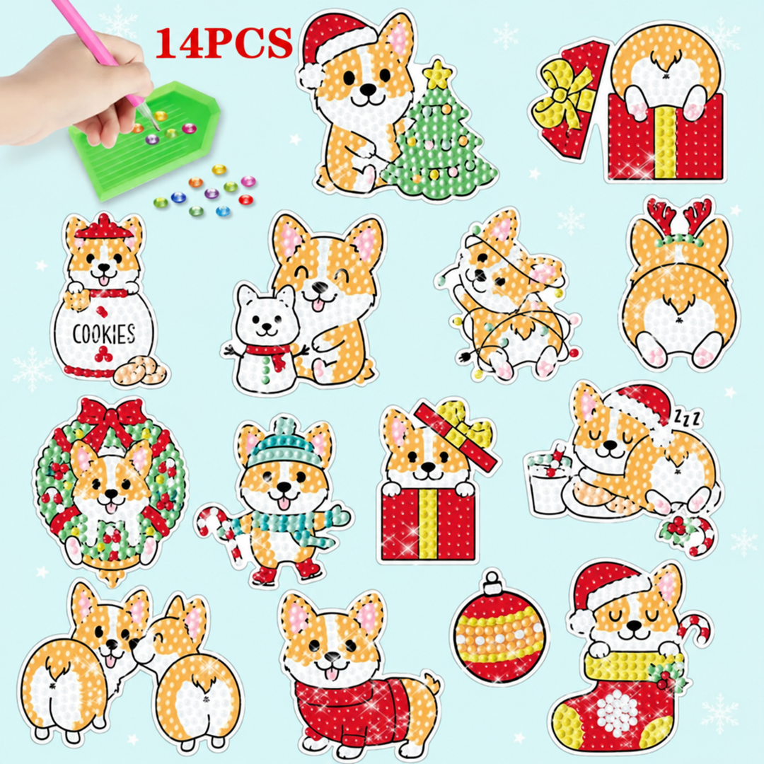Christmas corgi diamond painting stickers in a 14-piece design set
