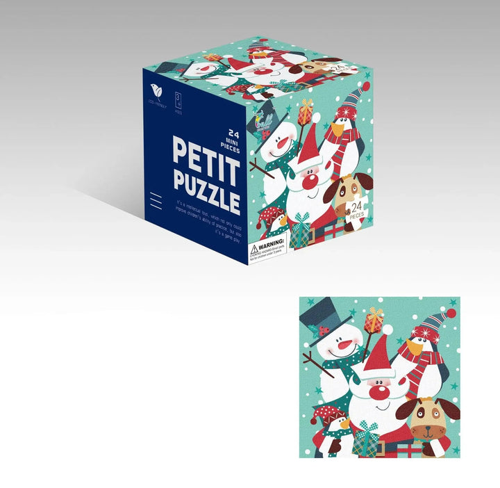 Christmas jigsaw puzzle featuring Santa, a snowman, and a reindeer beside its matching box