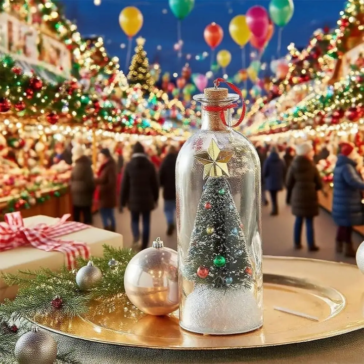 Christmas bottle ornament on a gold tray with baubles and wrapped gifts at a festive market