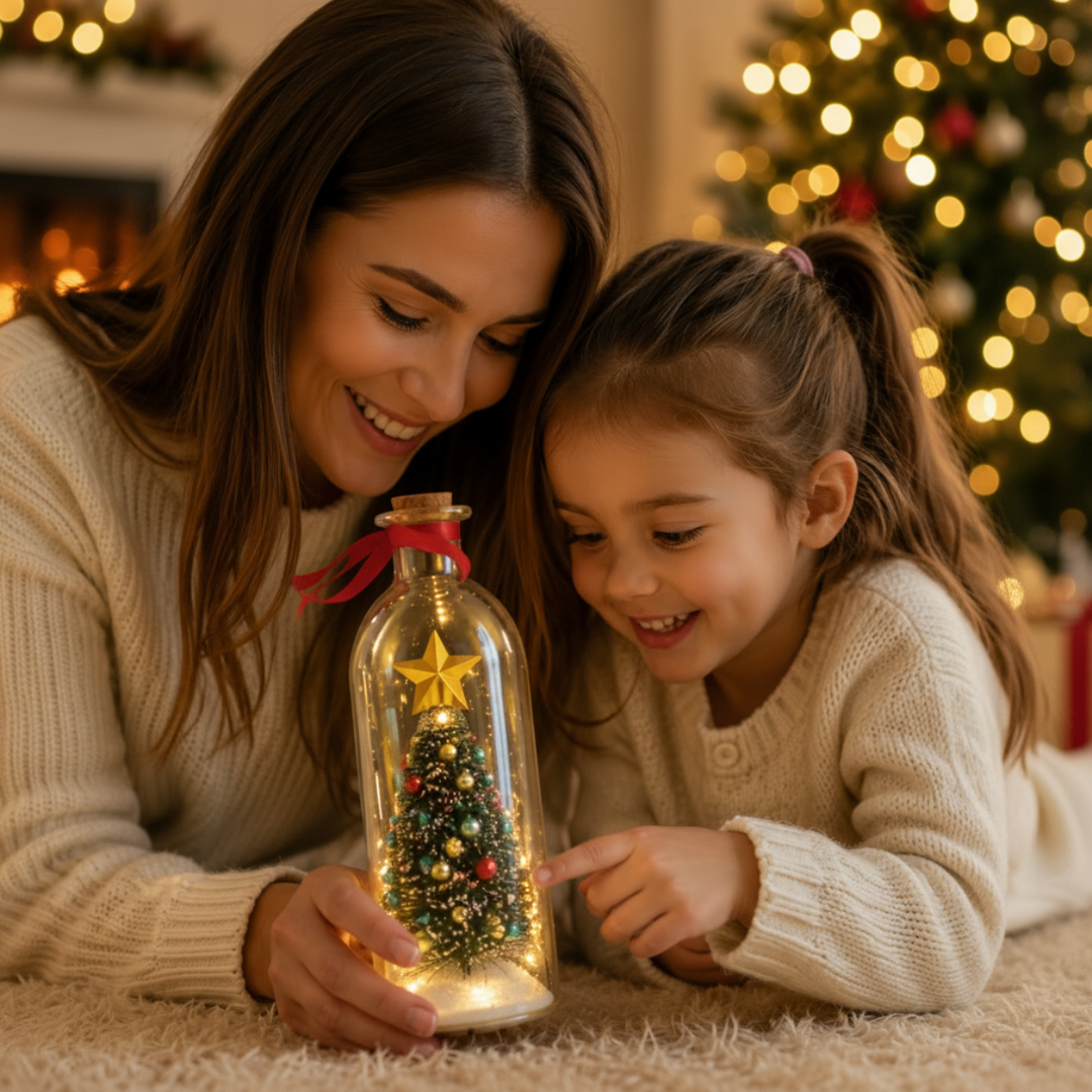Woman and girl holding a Christmas message bottle beside a decorated tree