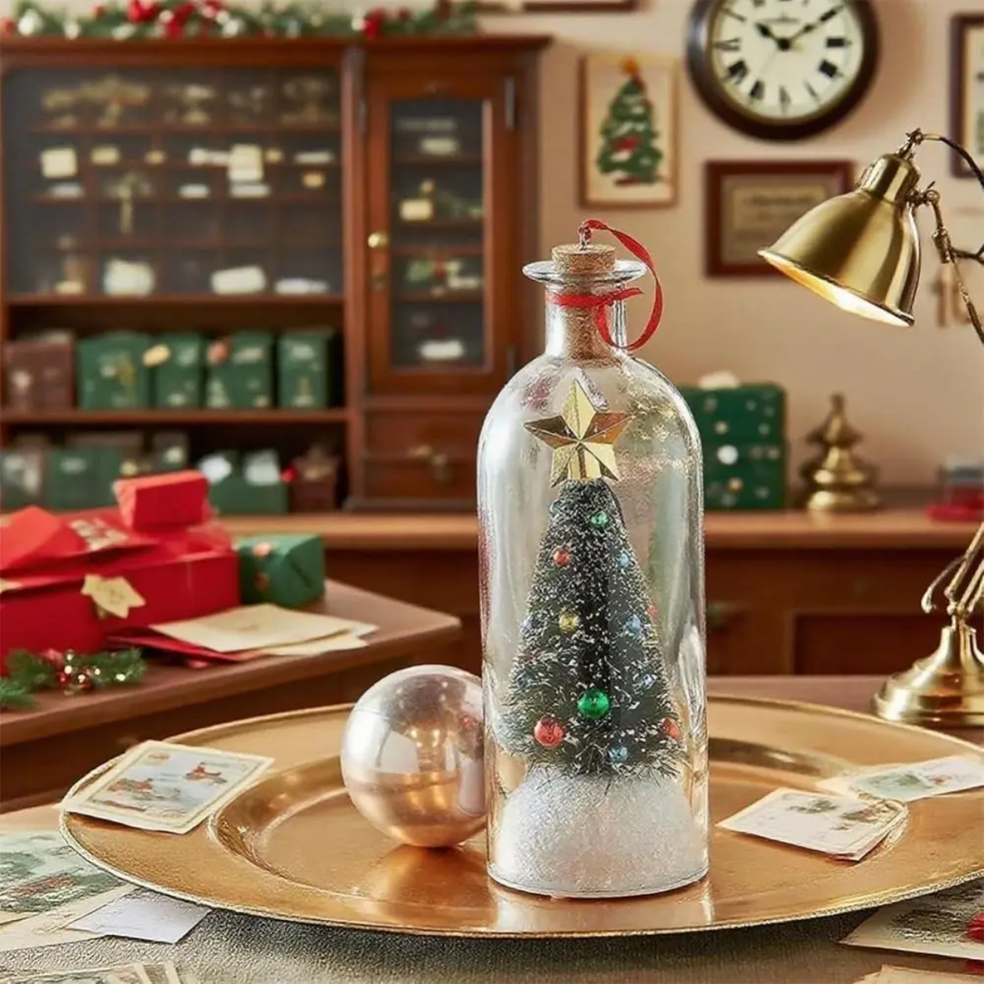 Clear Christmas bottle ornament on a tray beside wrapped gifts and a desk lamp