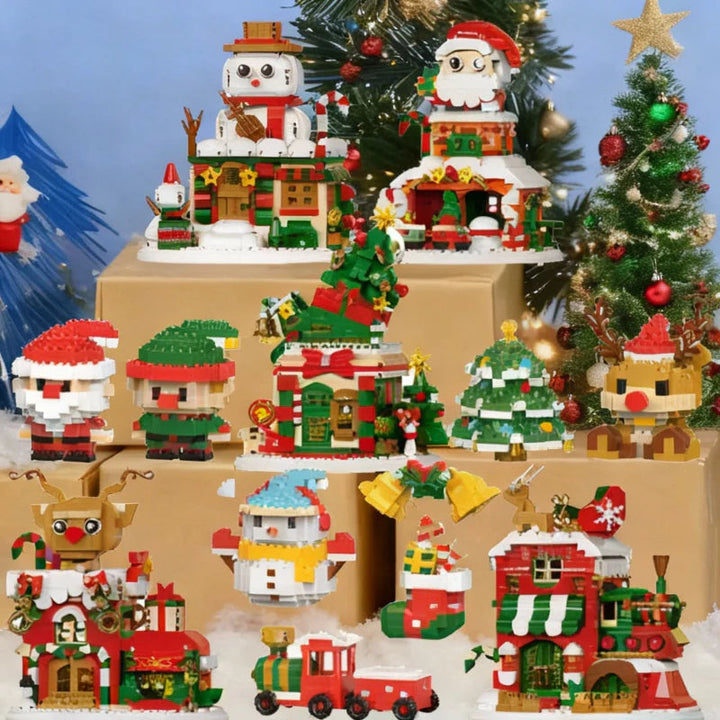 Christmas mini block models with Santa, snowmen, a tree, reindeer and festive buildings